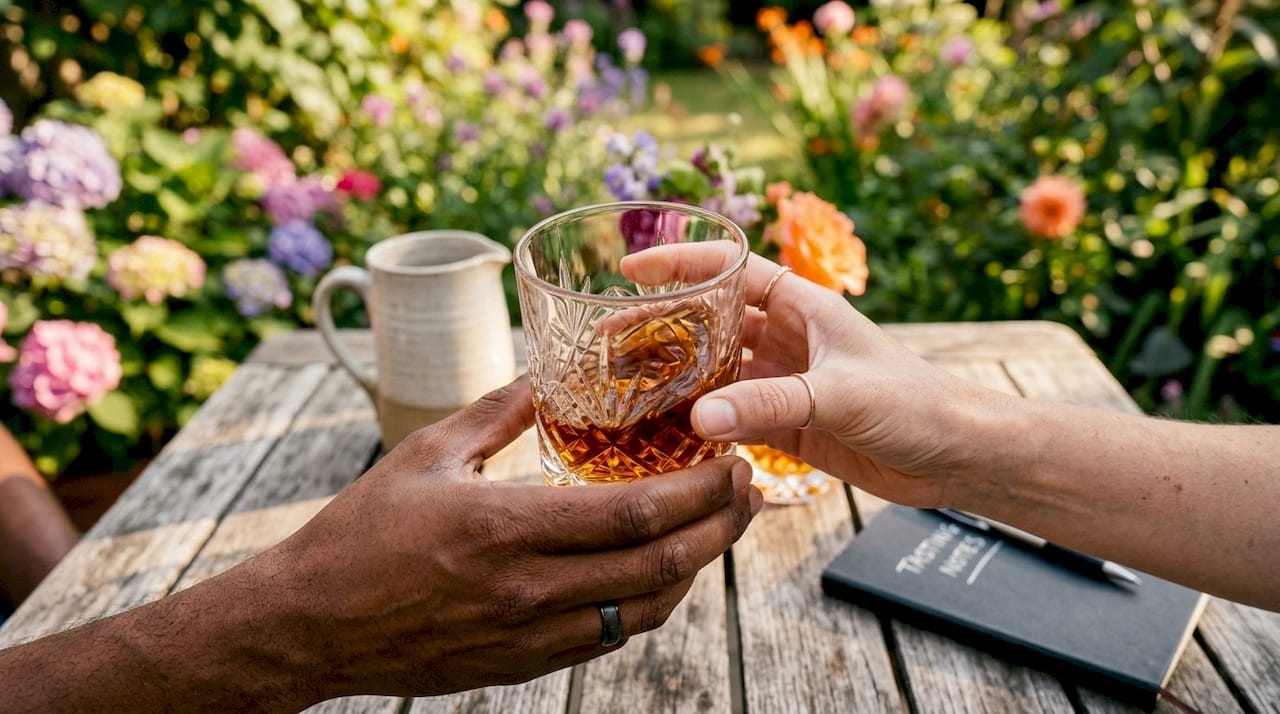 Hands swirling whiskey glass at tasting session