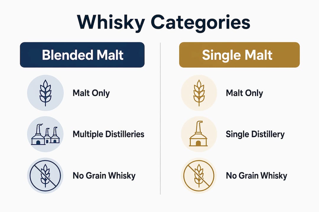 Infographic comparing blended malt and single malt whisky