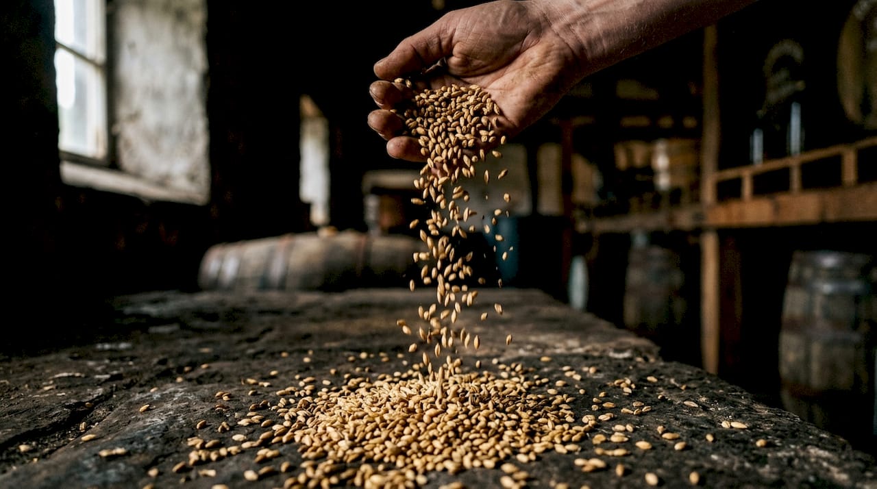 Close-up of malted barley grains on wood