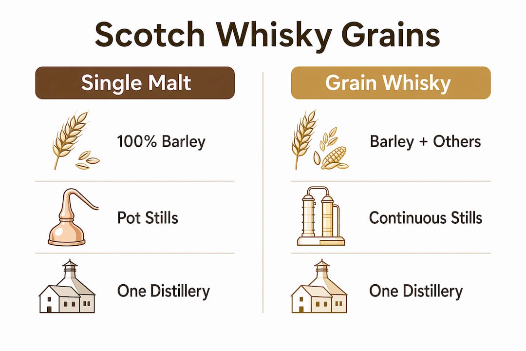 Infographic comparing single malt and grain whisky grains