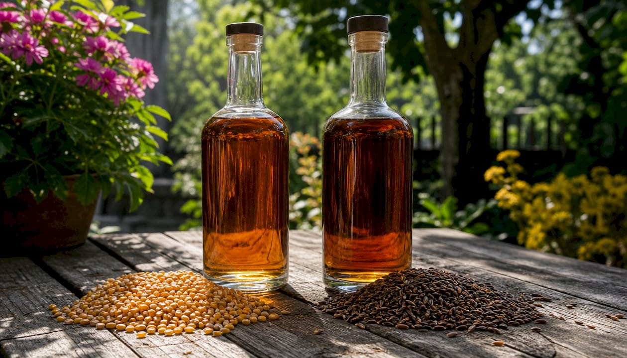 Bourbon and rye whiskey bottles with grains