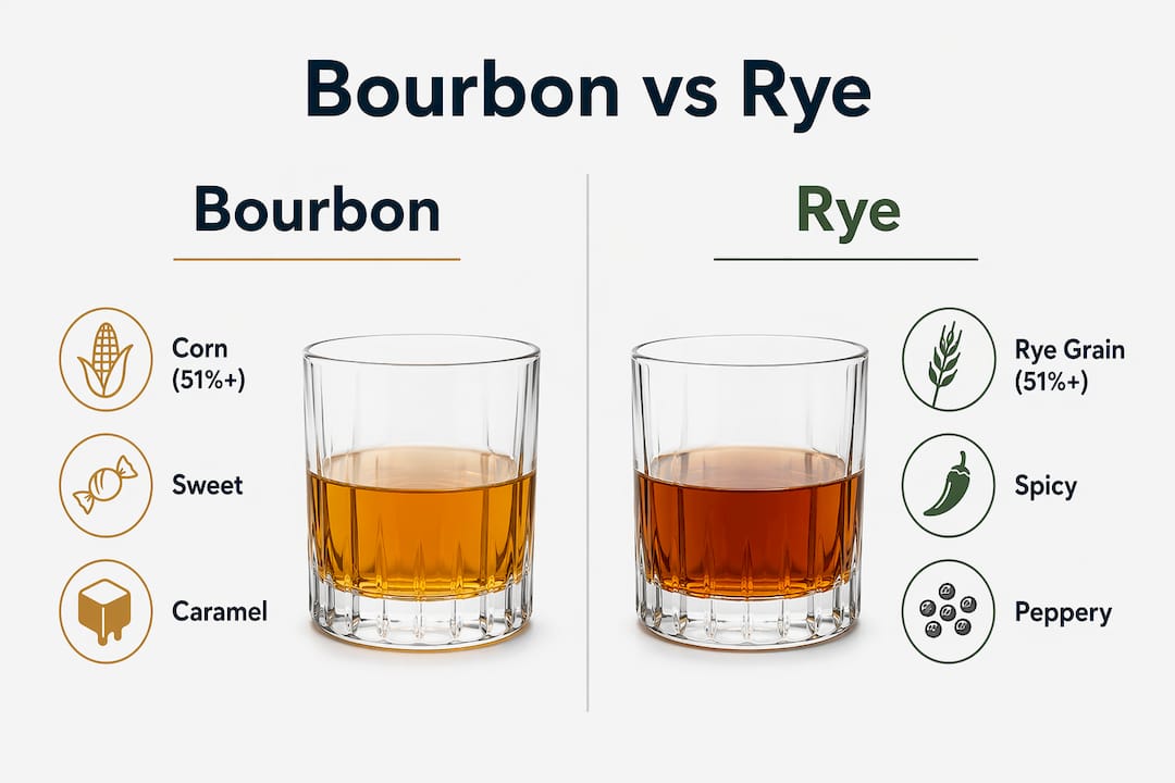 Infographic comparing bourbon and rye flavors