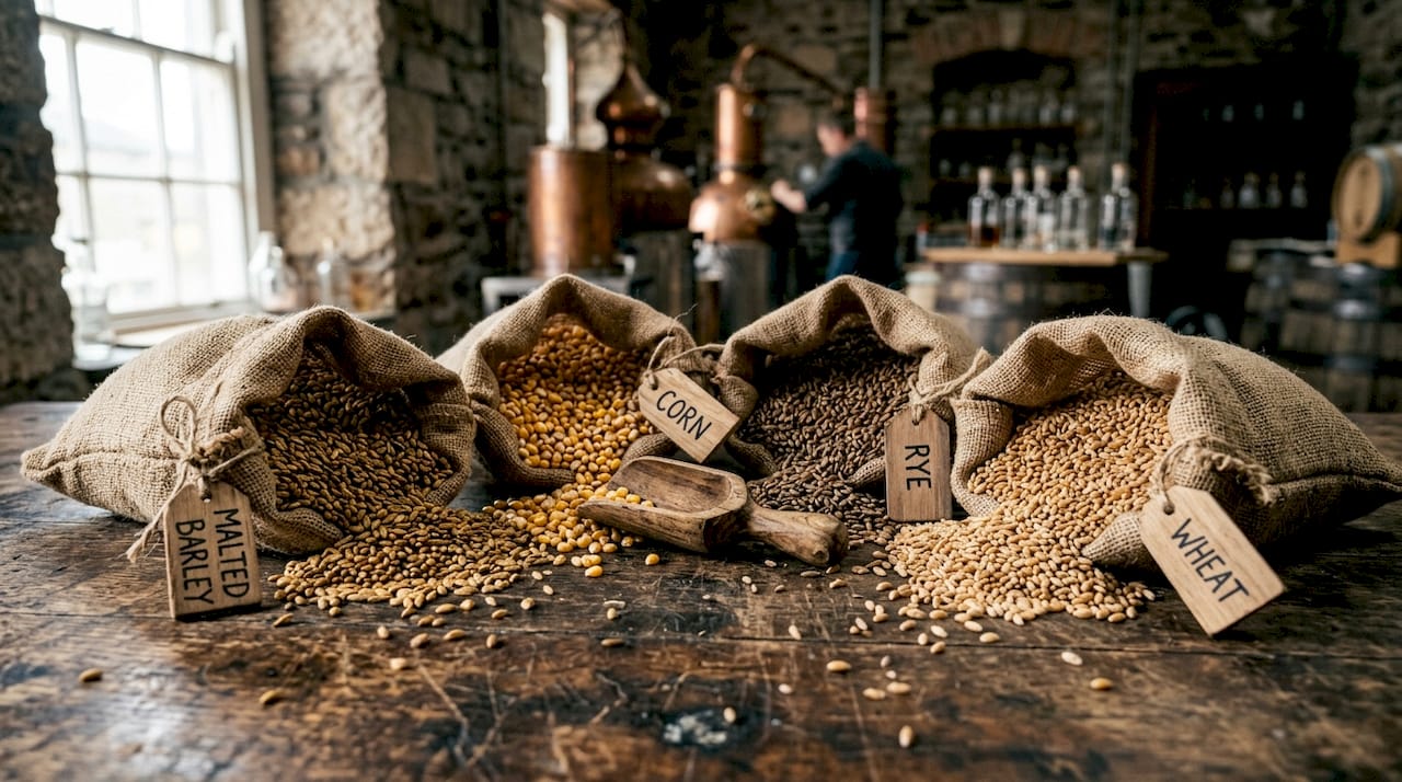Close-up of whiskey grains in burlap sacks