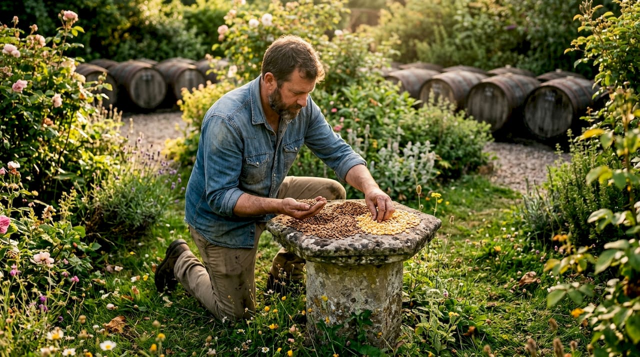 Hands showing whiskey grains near barrels