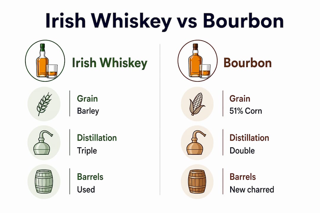 Infographic comparing Irish whiskey and bourbon characteristics