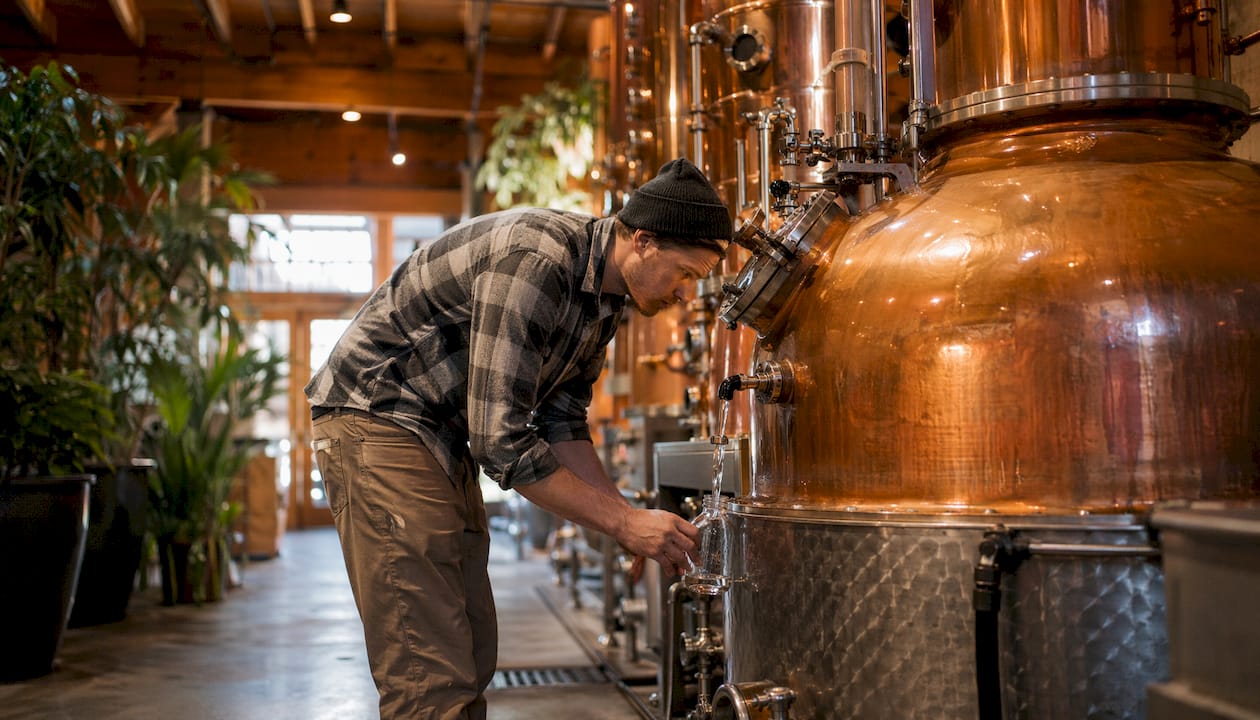 Distillery worker operating copper pot stills