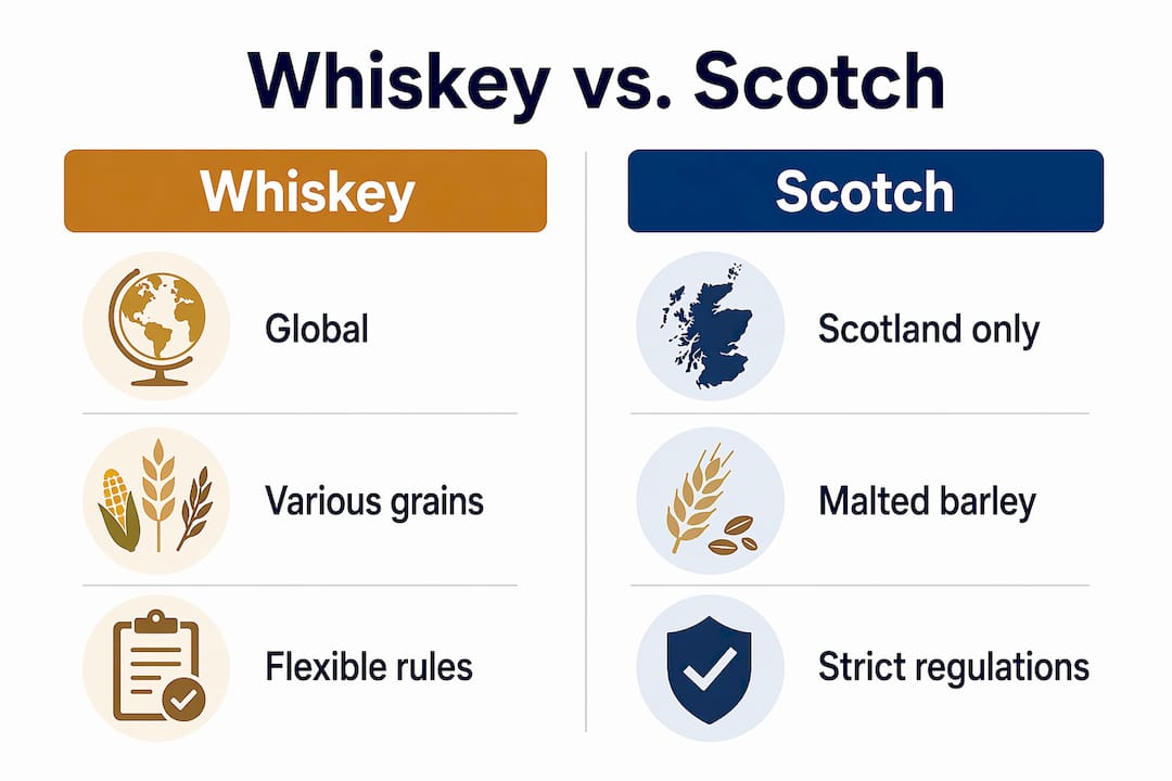 Infographic comparing whiskey and Scotch key traits