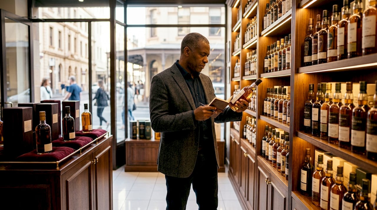 Man browsing rare whisky boutique shelves