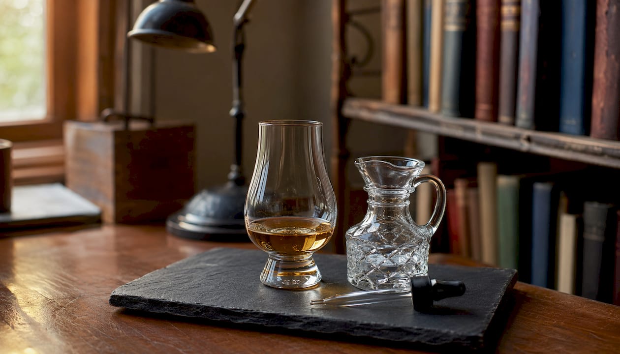 Whisky glass with tools for tasting