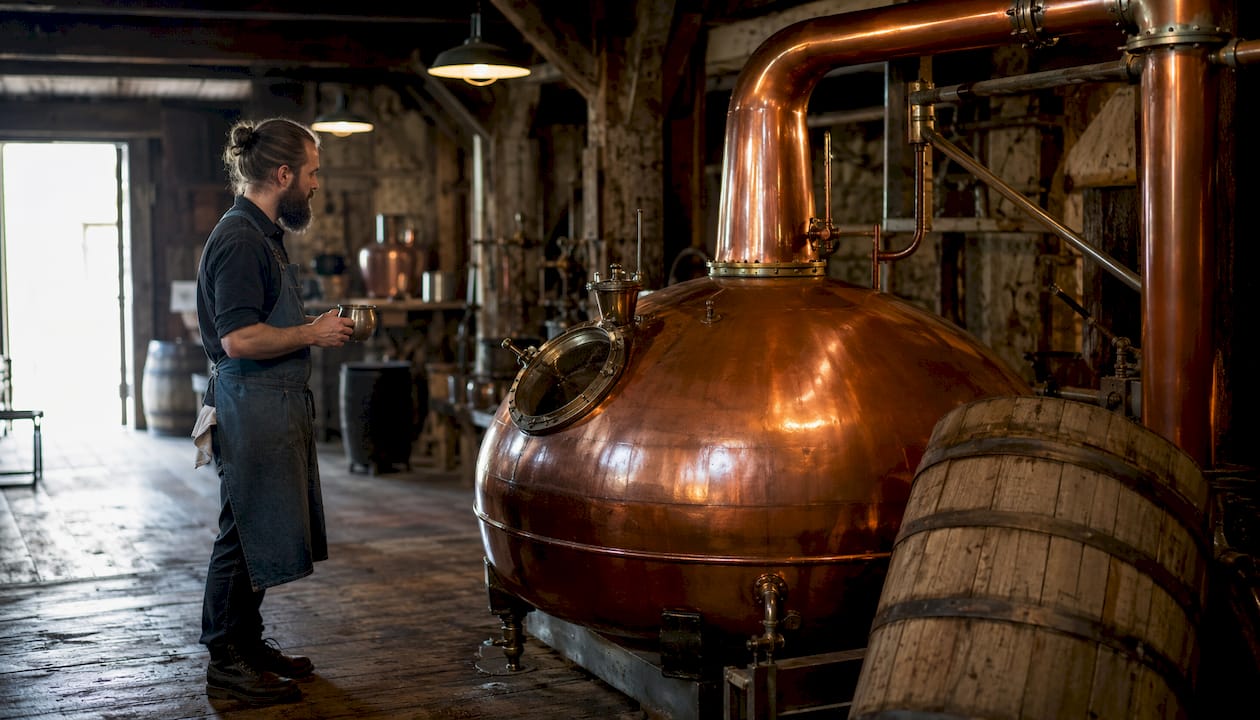 Copper pot still in distillery