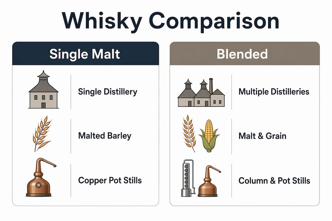 Infographic comparing single malt and blended whisky