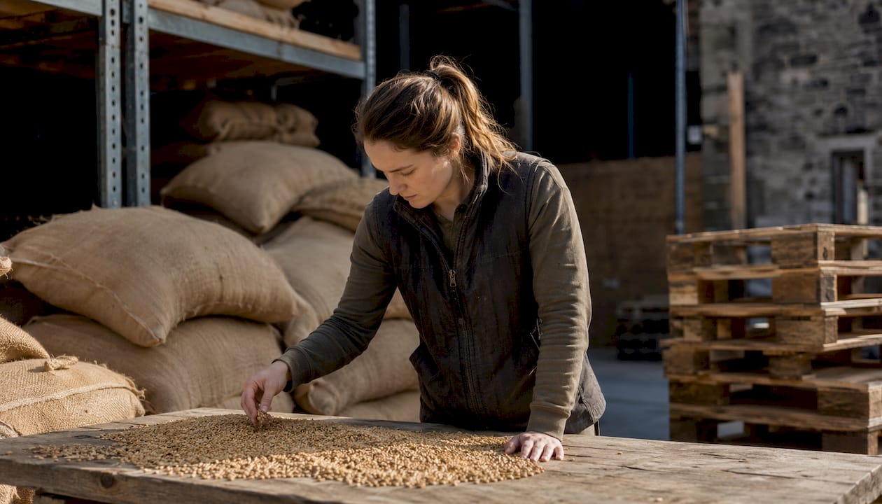 Worker examining wheat grain in distillery storage