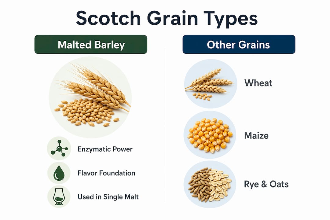 Infographic comparing malted barley and other grains in Scotch whisky