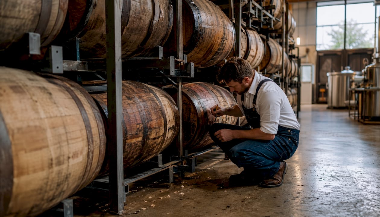 Worker inspecting whisky casks in distillery