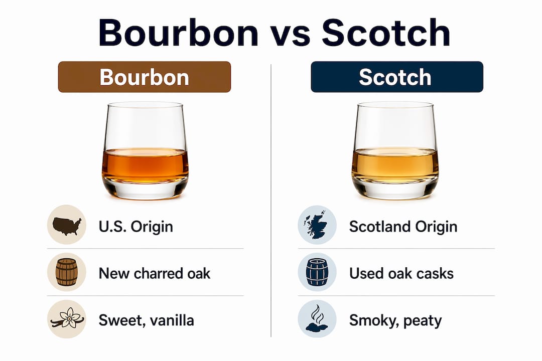 Infographic comparing bourbon and Scotch whisky side-by-side