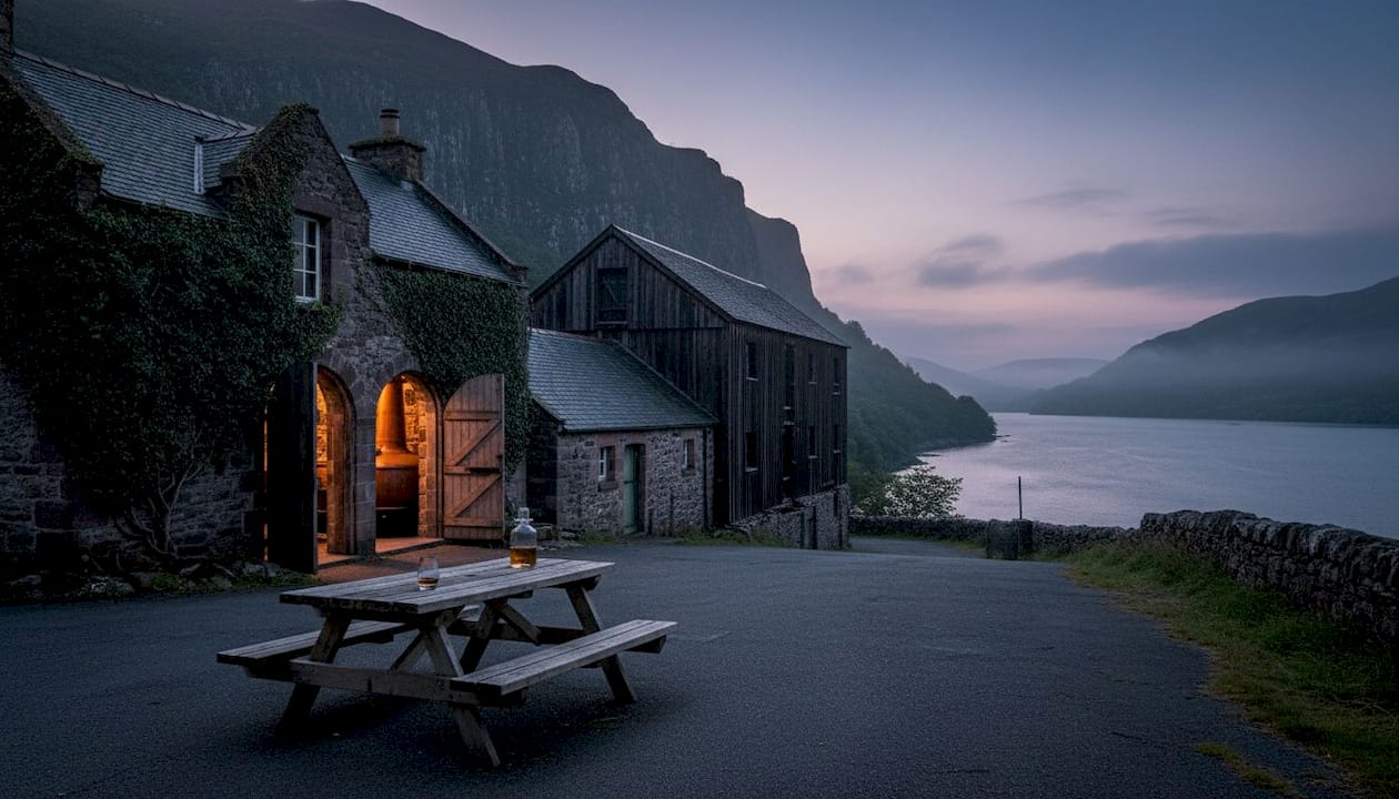 Scottish whisky distillery in misty hills