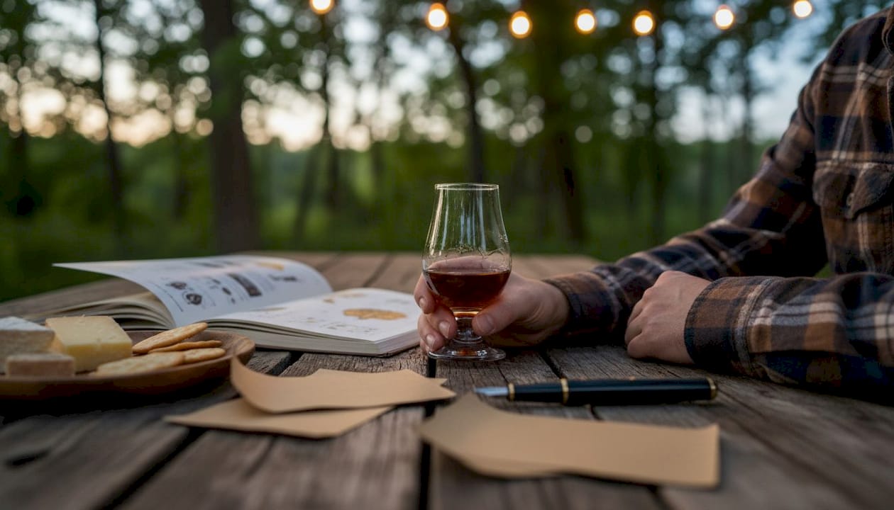 Hands holding bourbon glass with tasting notes