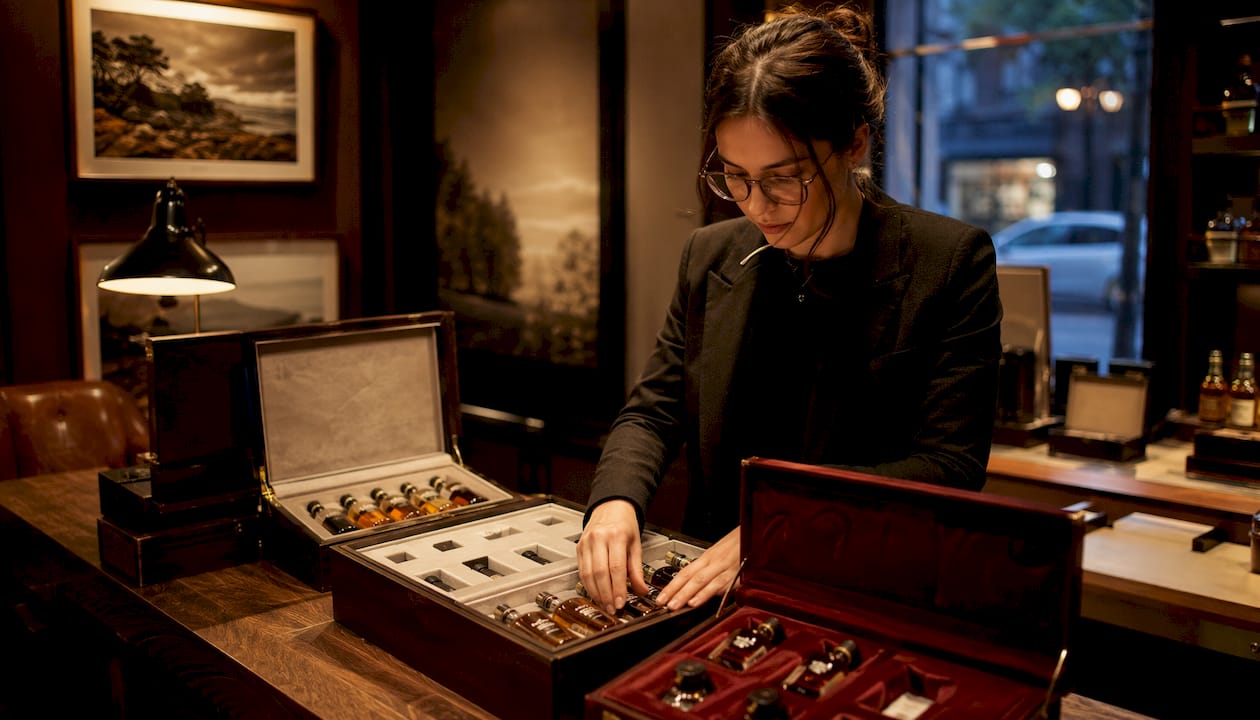 Whiskey boutique displaying premium gift sets