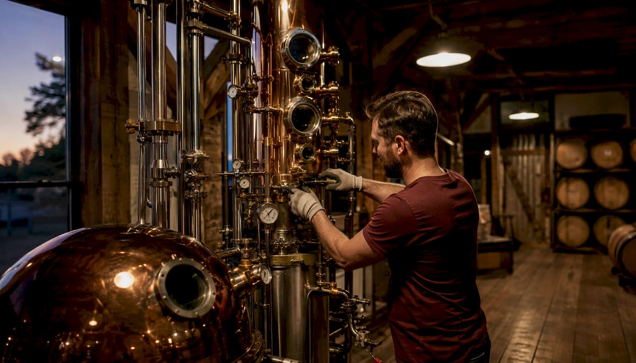 Close-up of vintage Coffey still with worker’s hands adjusting valves