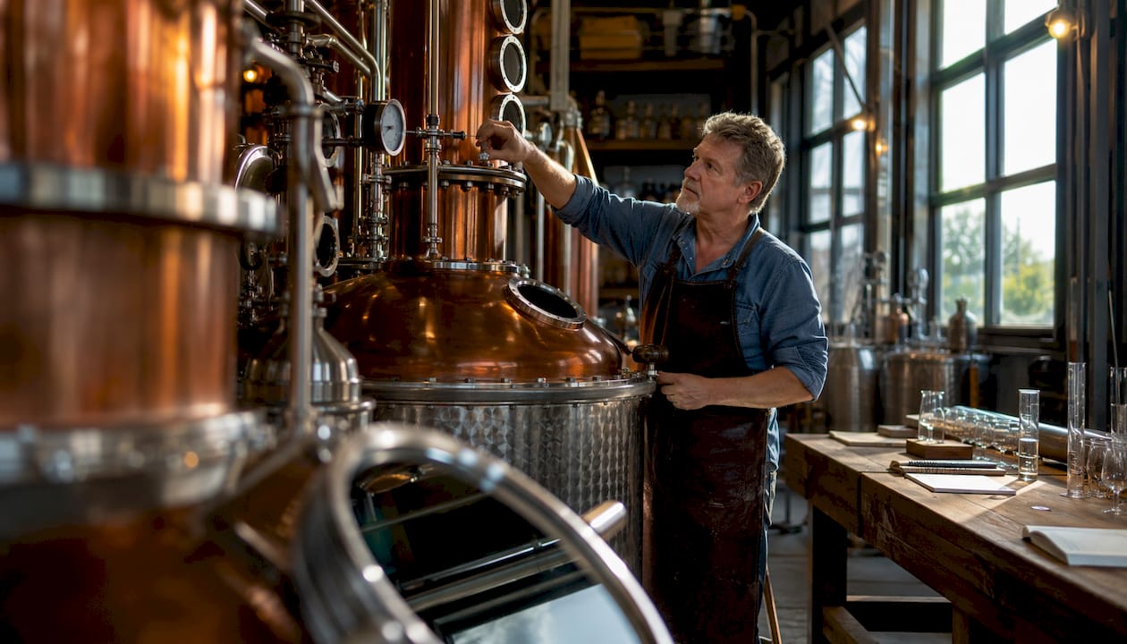 Distiller working on copper pot stills