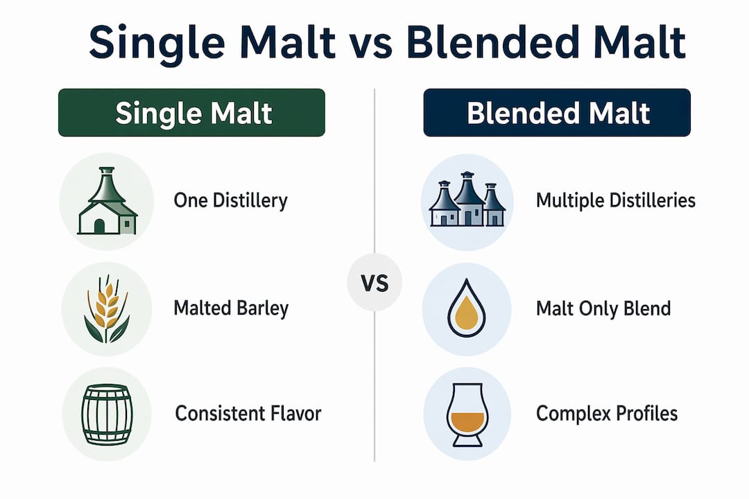 Infographic comparing single malt and blended malt whisky