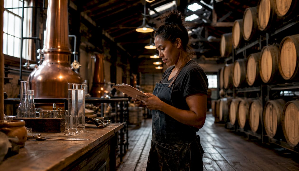Distiller inspecting whisky stills indoors
