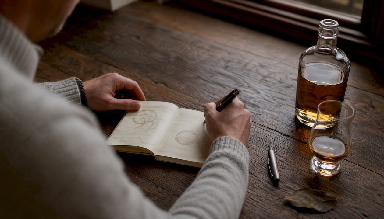 Hands writing whisky tasting notes in journal