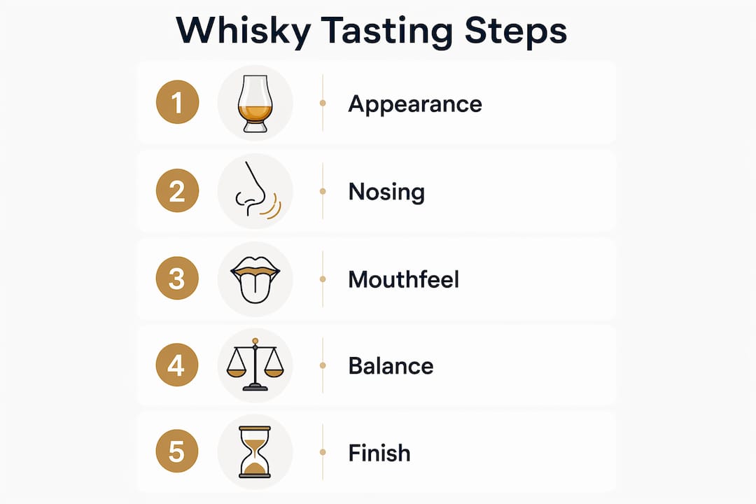 Infographic illustrating 5 step whisky tasting method
