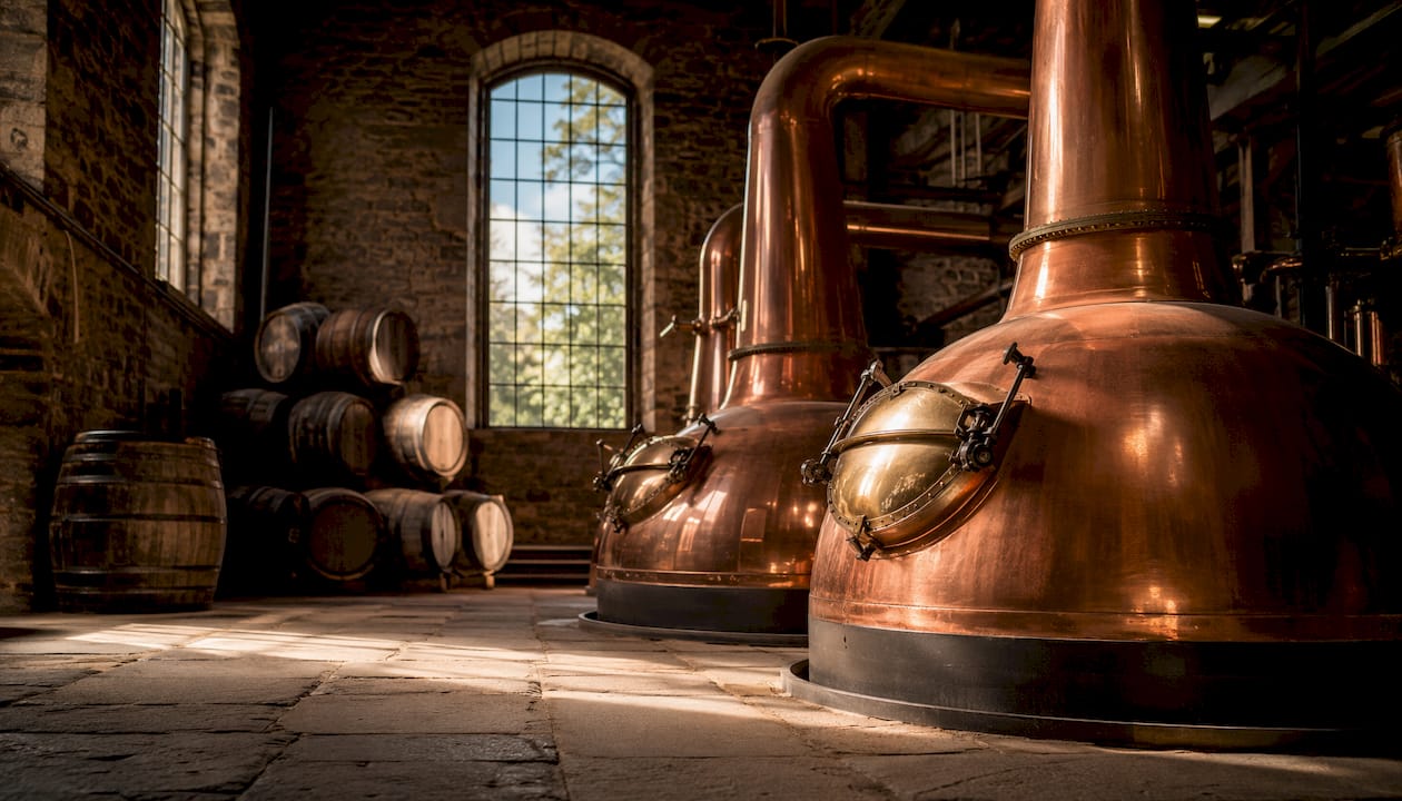 Copper pot stills in whisky distillery