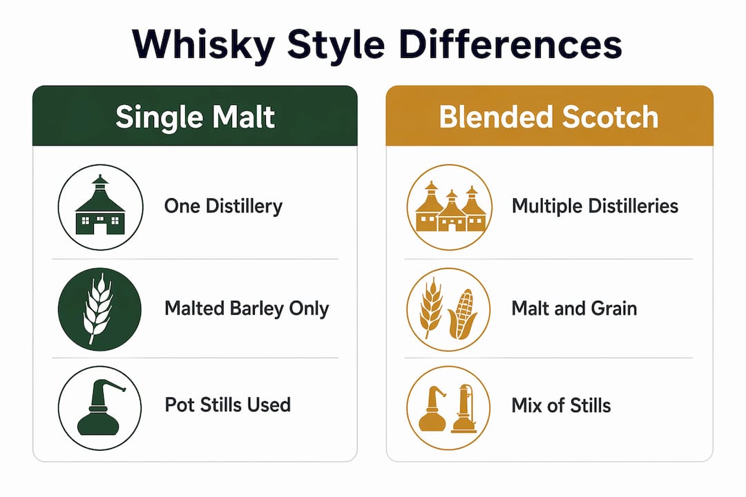 Infographic comparing single malt and blended Scotch whisky