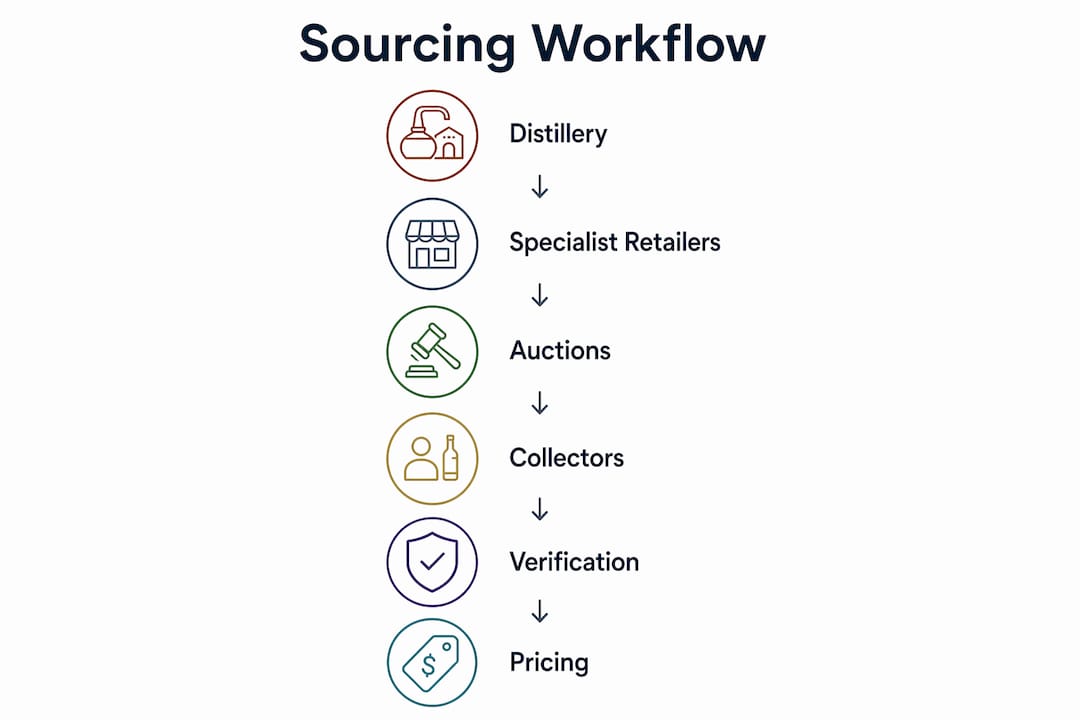 Infographic showing six-step whisky sourcing workflow