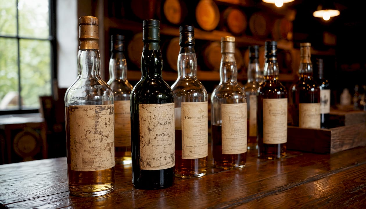 Close-up vintage whisky distillery bottles