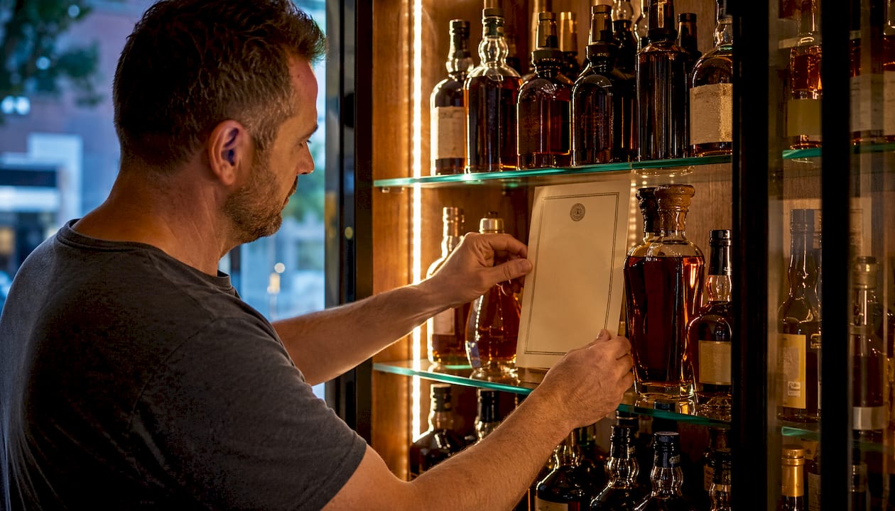 Collector organizing whisky bottle documents