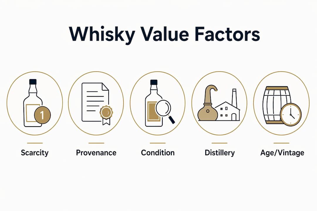Infographic illustrating key factors determining whisky value