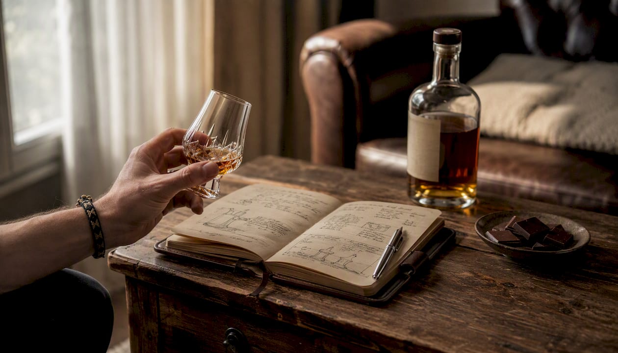 Whisky tasting notes with glass and pen
