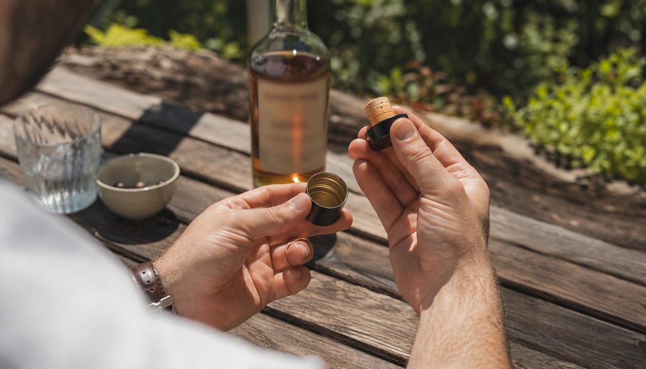 Hands inspecting whisky bottle cork and capsule