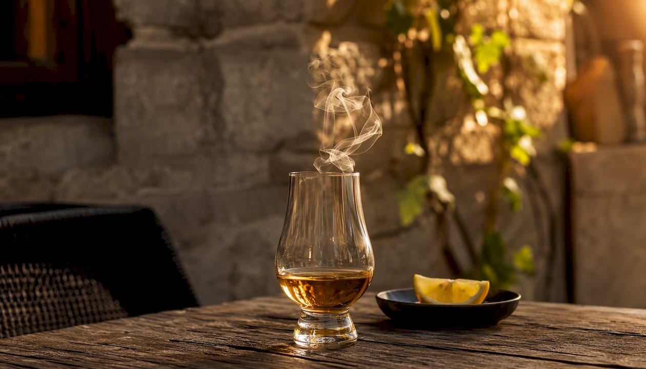 Smoky peaty whisky glass with faint smoke
