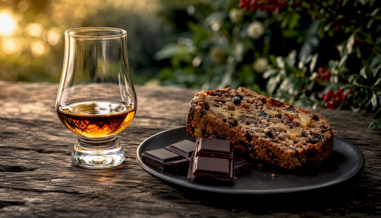 Sherried whisky glass with Christmas cake and chocolate