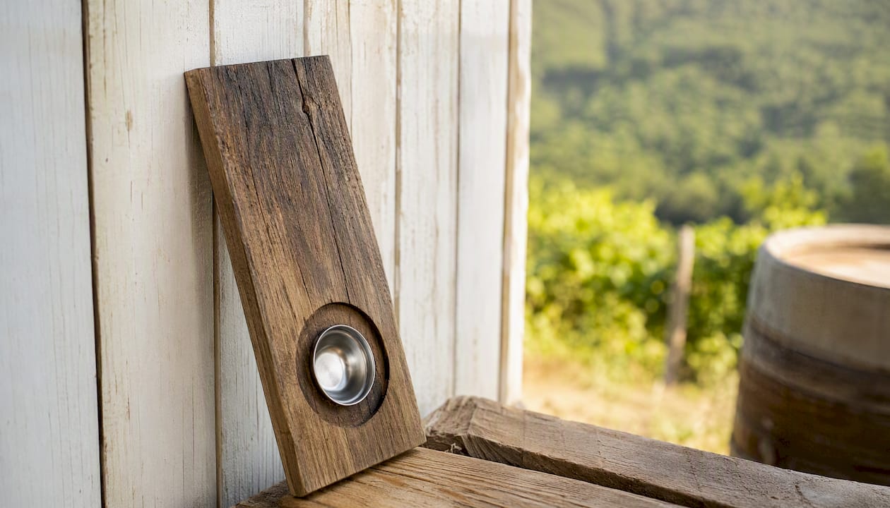 Close-up of handcrafted whisky barrel stave accessory