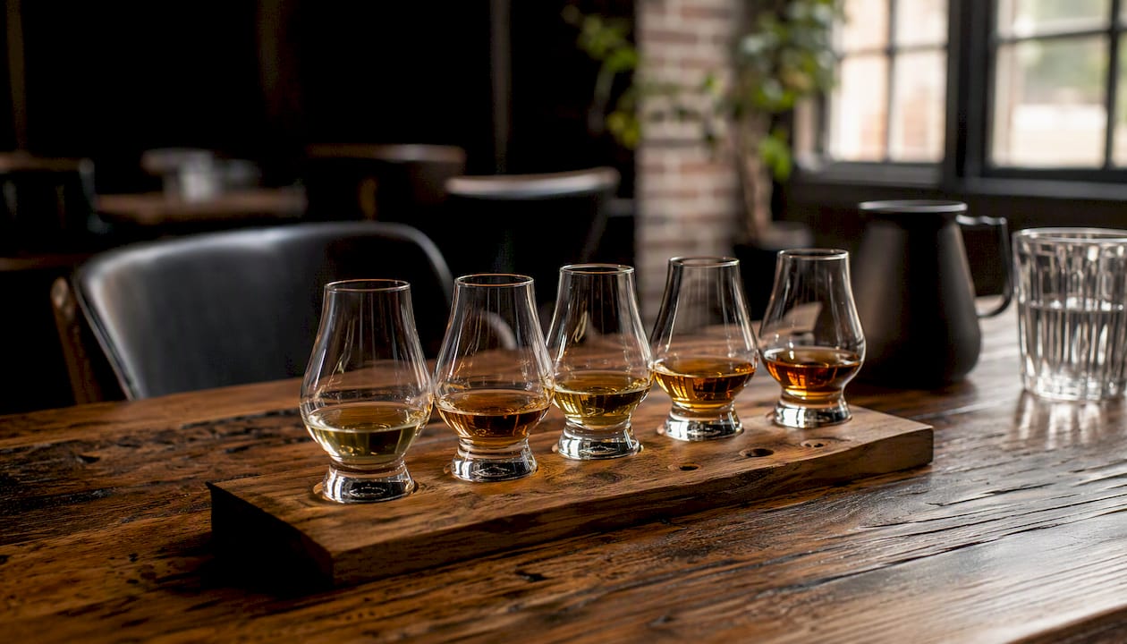Whisky tasting flight set with sampler glasses on table