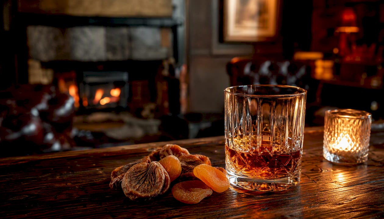 Whisky glass with dried fruit on wooden table