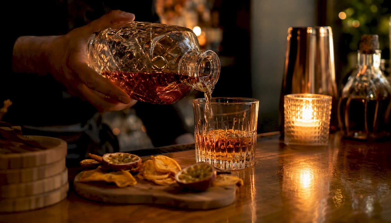 Pouring whisky with tropical fruit accents