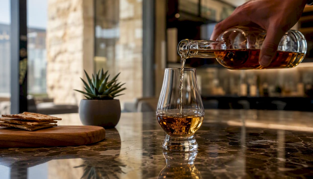 Pouring clear whisky in modern tasting room