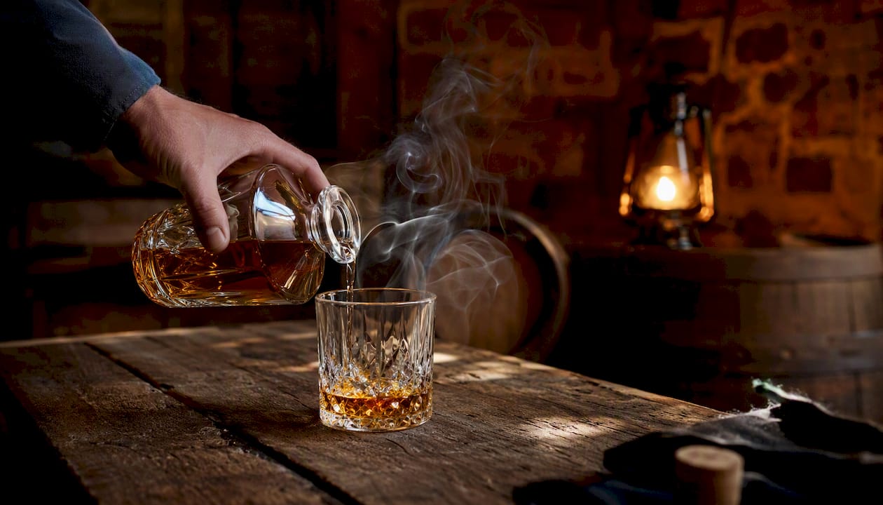 Pouring smoky peat whisky with visible smoke