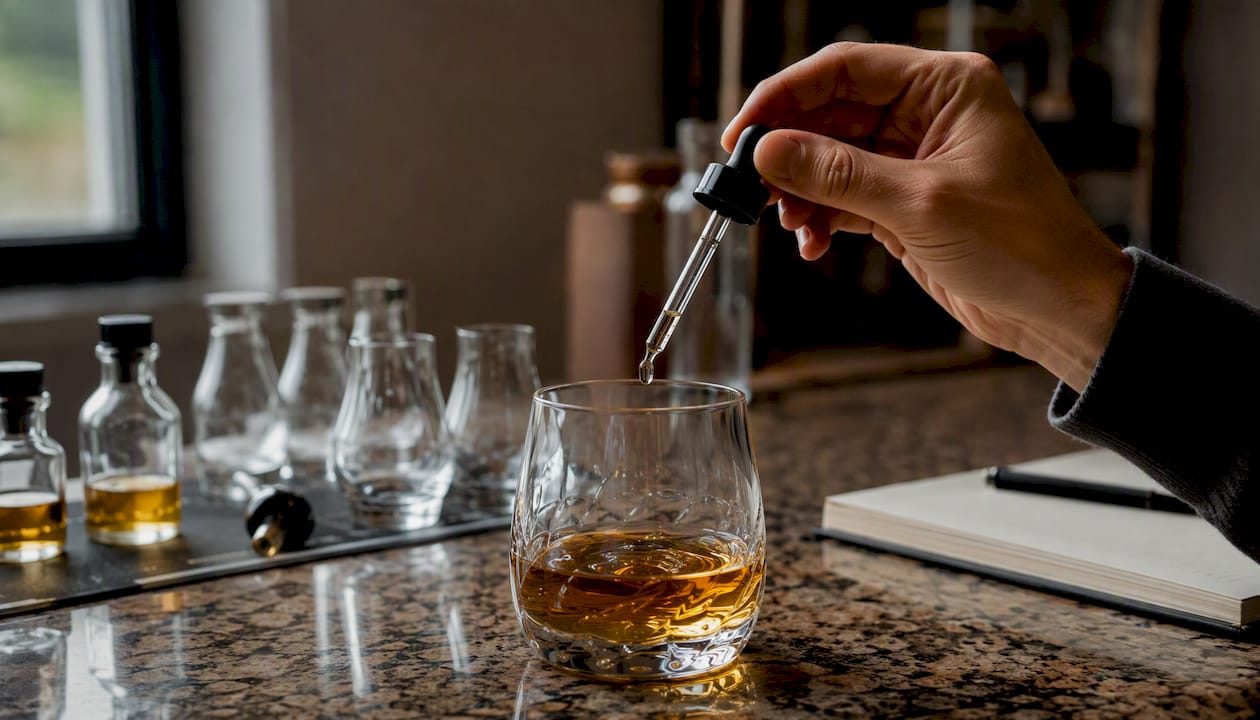 Hand adding water drop to whisky glass