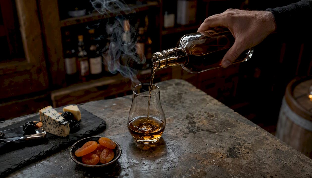 Pouring smoky whisky with sherry notes