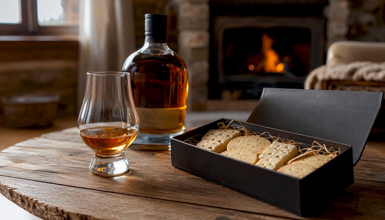 Whisky bottle with glass and shortbread gift set