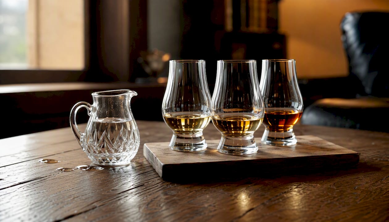 Whisky tasting flight with water drops