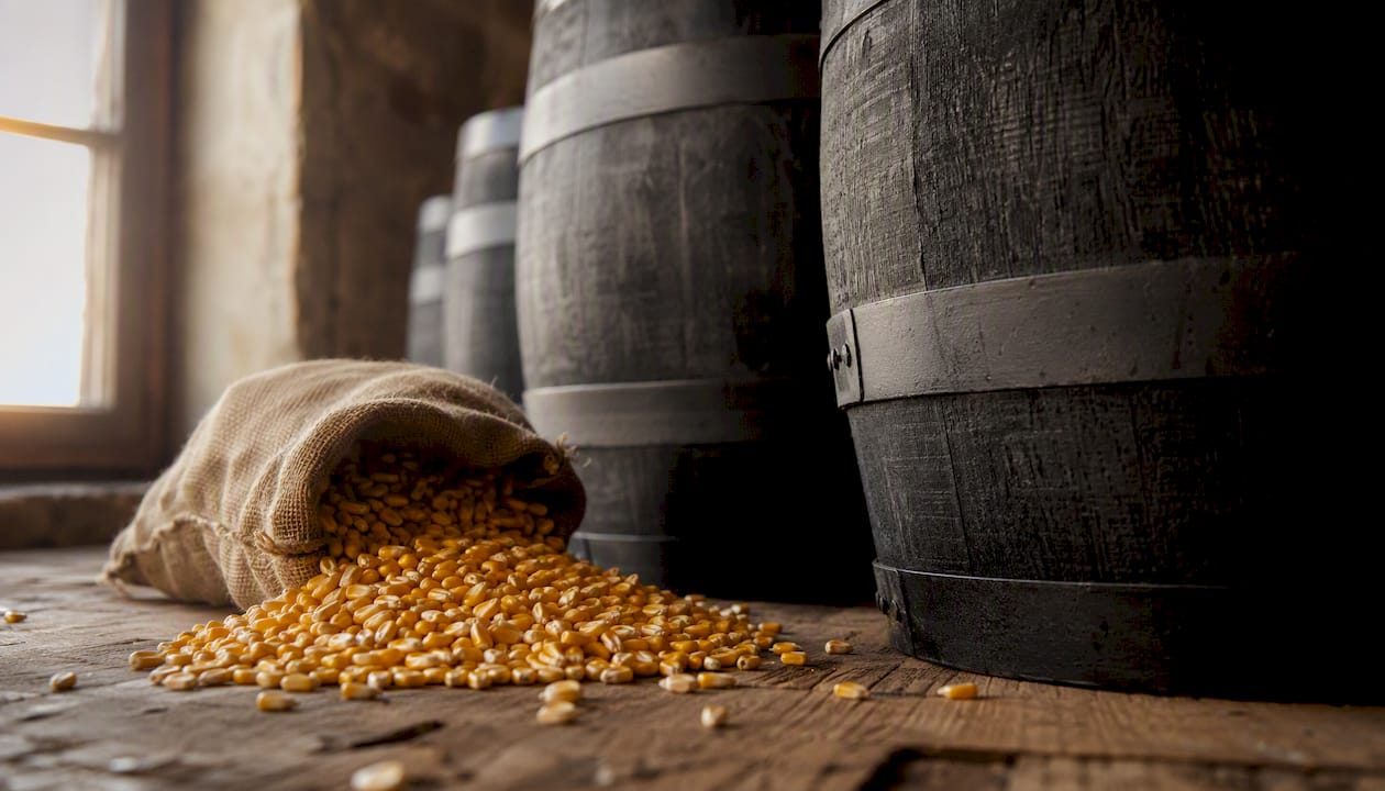 New charred oak barrels and corn grain