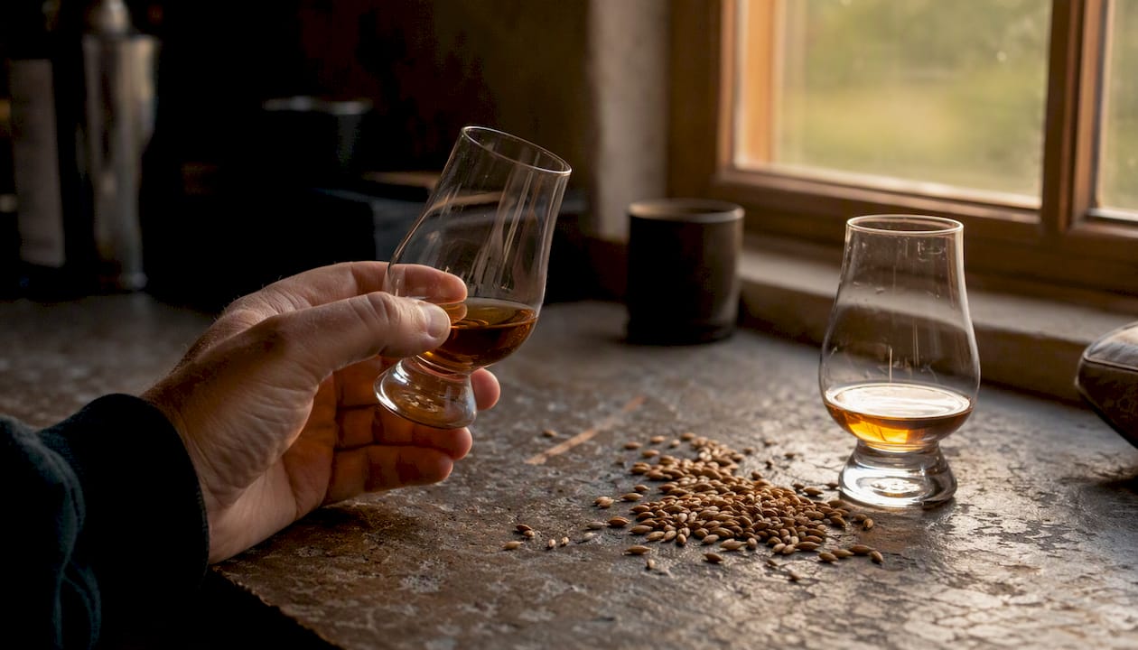 Rye grain and rye whisky tasting glass